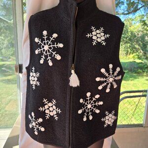 Lisa International Boiled Wool Vest with Embroidered Snowflakes
